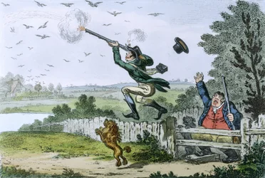 Sportowcy z Cockney: strzelanie do lecących ptaków, rytowane przez Jamesa Gillraya (1757-1815), 1800